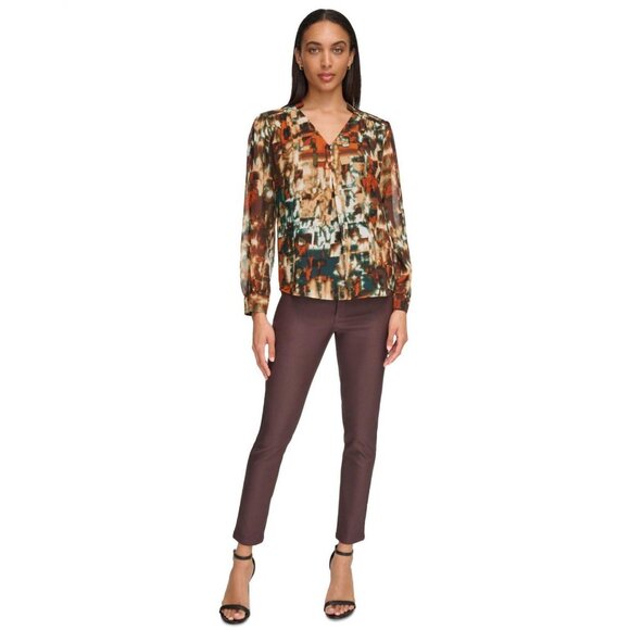 NWT Calvin Klein Women's Printed V-Neck Top M3HAZ619 S Coffee Bean Multi Brown - Picture 4 of 9